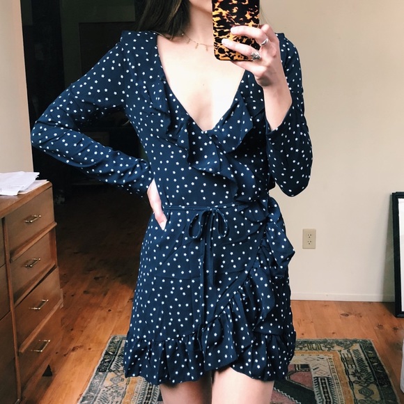 LAST ONE - Blue Star Print Wrap Dress - Picture 2 of 6